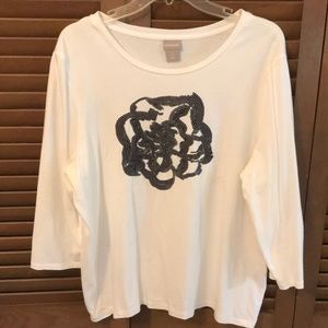 ^ EUC Chico’s Black Small Sequin Floral Design on 3/4 Sleeve White Knit T…